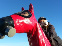 Close up of respirator-clad activist and horse sculpture.